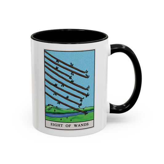Eight of Wands Tarot Card Coffee Mug - Double Sided Print, Black Accent White Ceramic, 11oz by TheGlassyLass.com