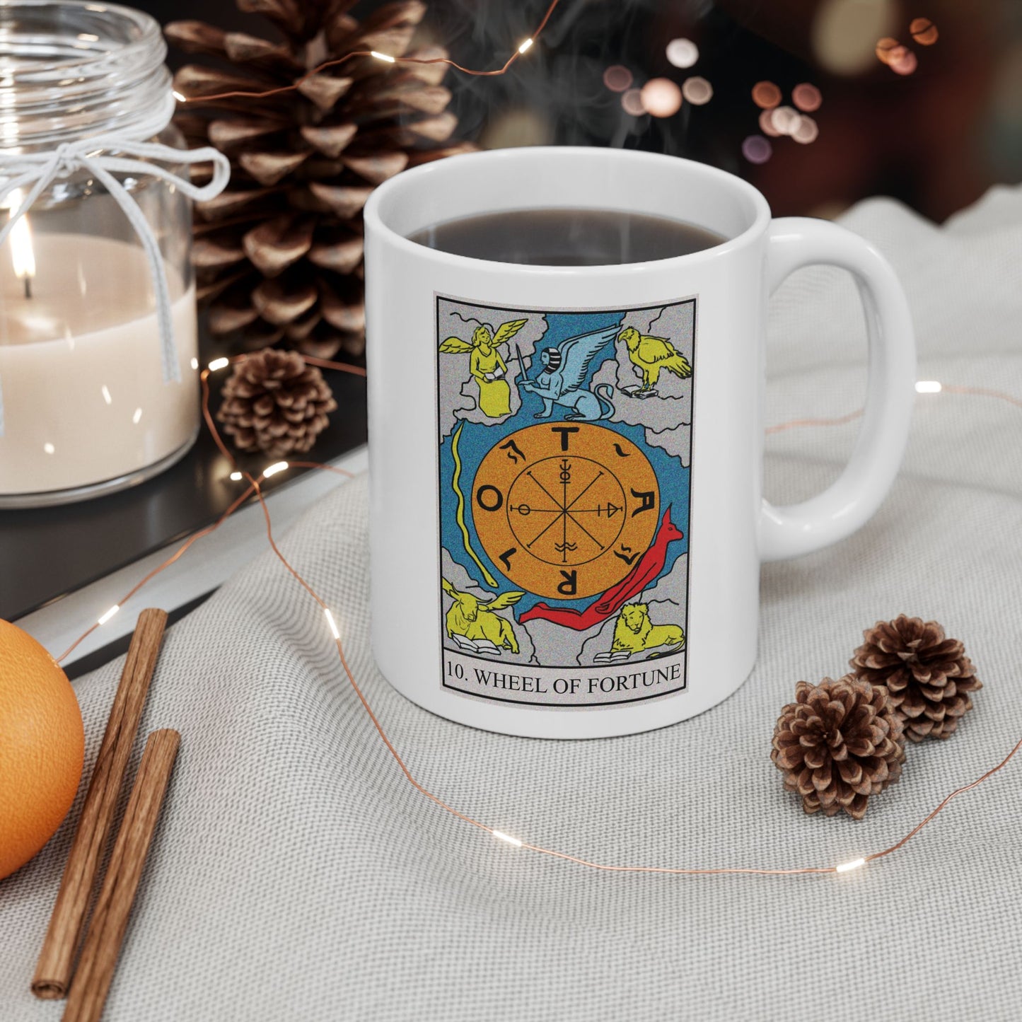 The Wheel of Fortune Tarot Card Coffee Mug - Double Sided Print, White Ceramic, 11oz by TheGlassyLass.com