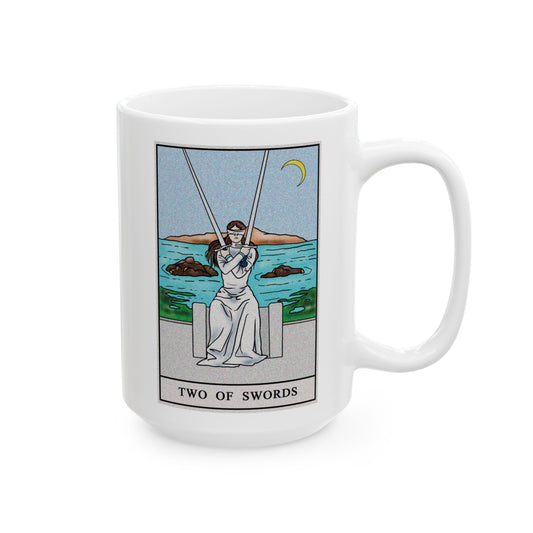 Two of Swords Tarot Card Coffee Mug - Double Sided White Ceramic 15oz by TheGlassyLass.com