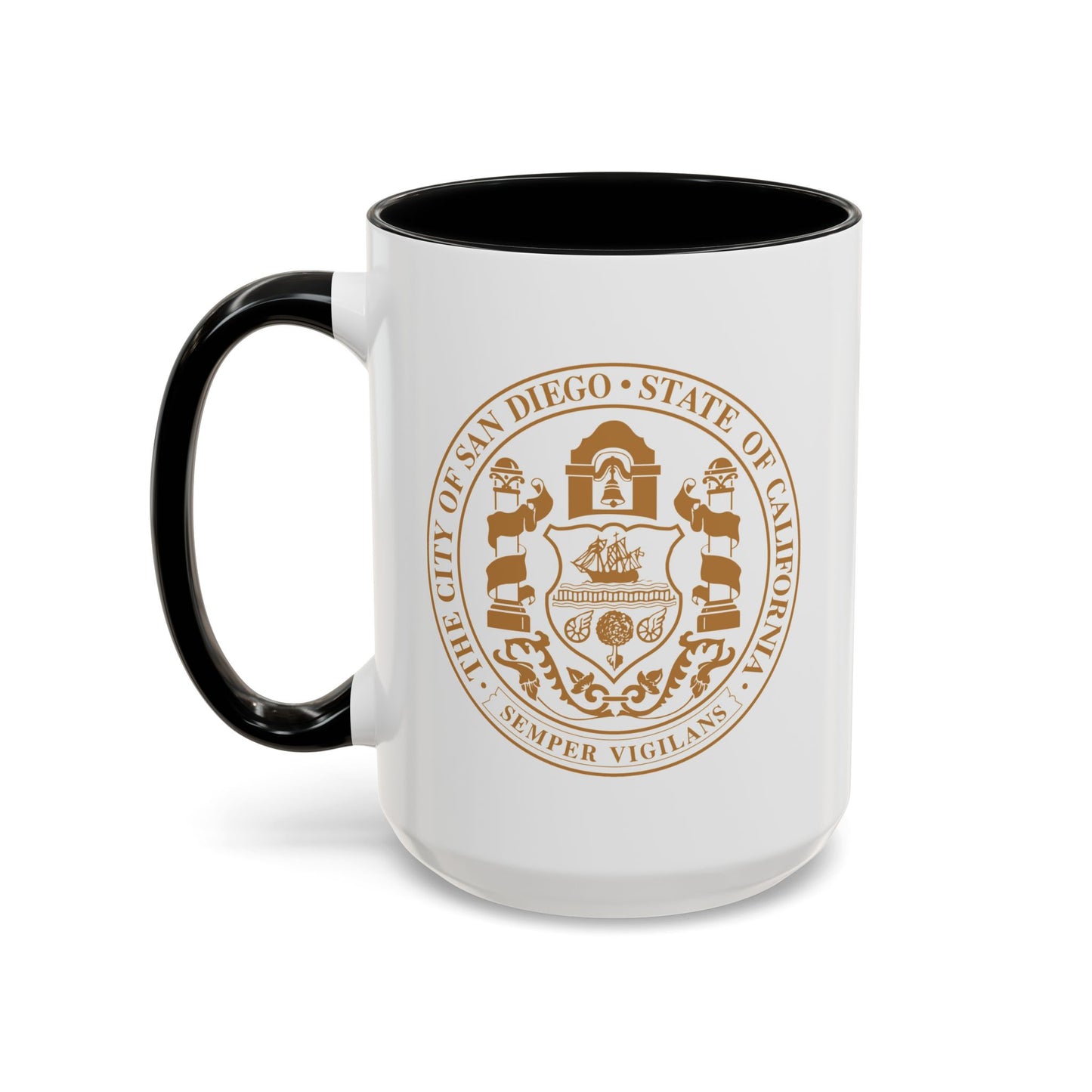 City of San Diego Seal Coffee Mug - Double Sided Print, Black Accent White Ceramic, 15oz by TheGlassyLass.com