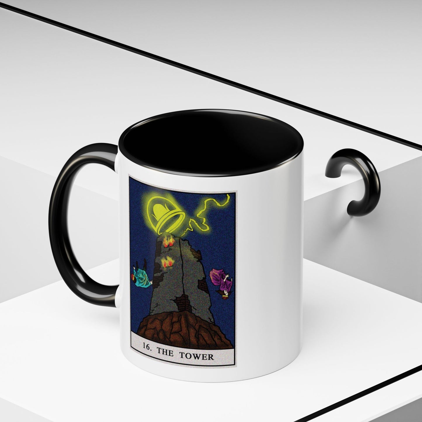 The Tower Tarot Card Coffee Mug - Double Sided Print, Black Accent White Ceramic, 11oz by TheGlassyLass.com