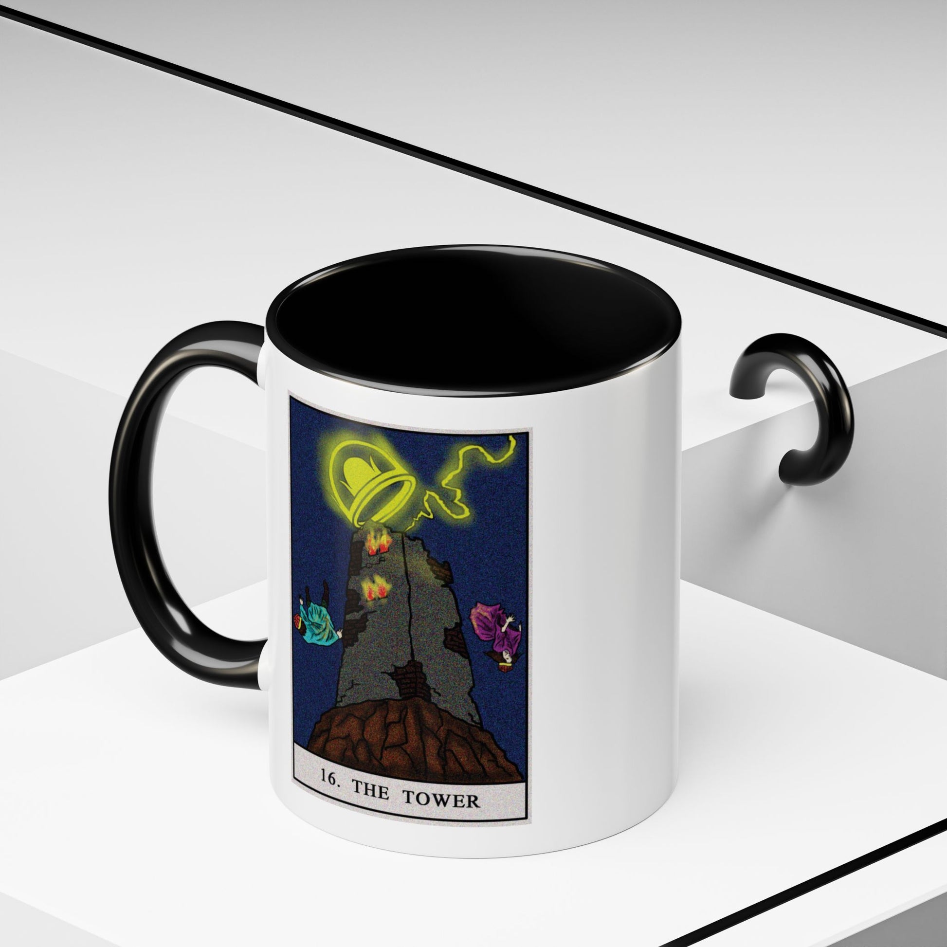 The Tower Tarot Card Coffee Mug - Double Sided Print, Black Accent White Ceramic, 11oz by TheGlassyLass.com