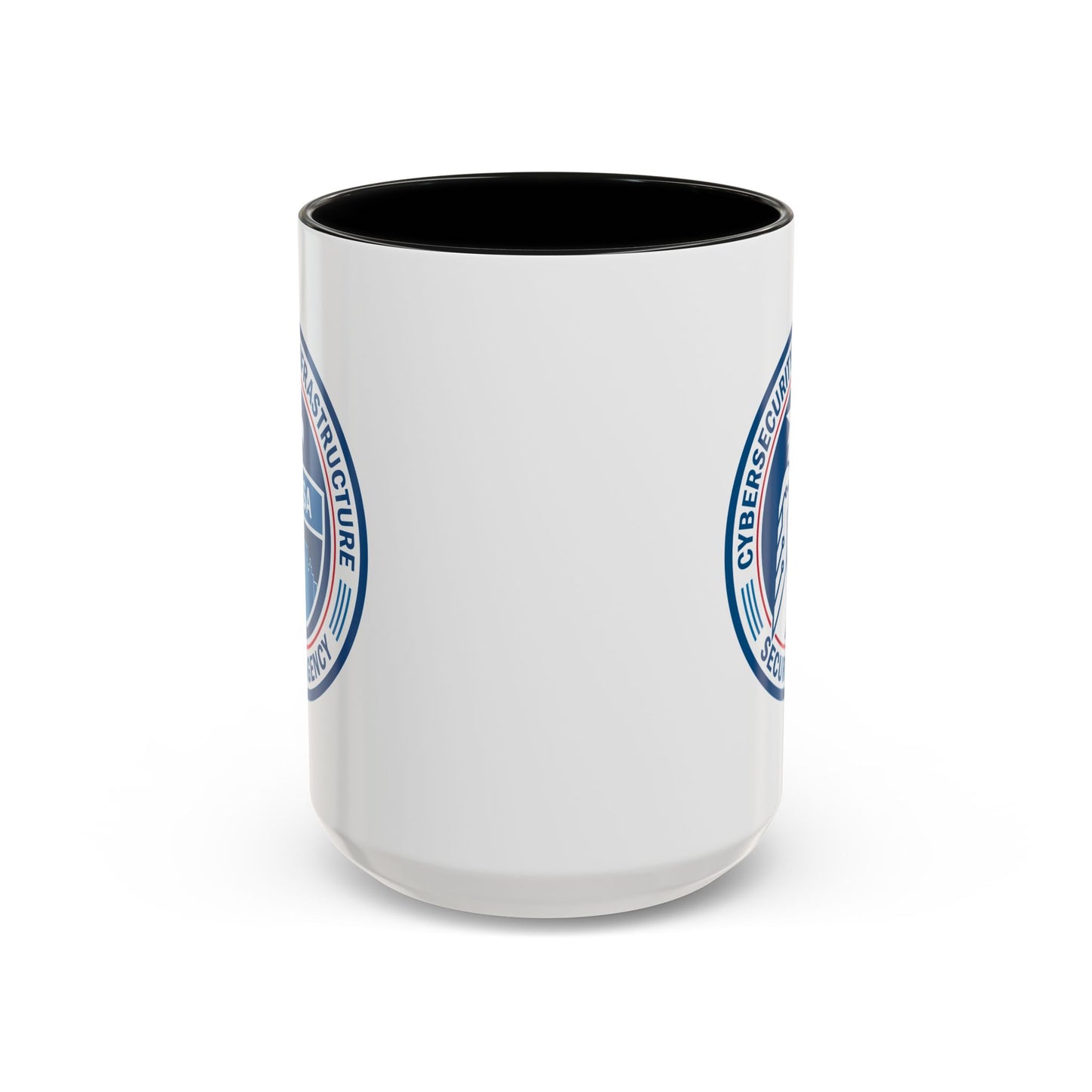 Cybersecurity and Infrastructure Security Agency Seal Coffee Mug - Double Sided Print, Black Accent White Ceramic, 15oz by TheGlassyLass.com