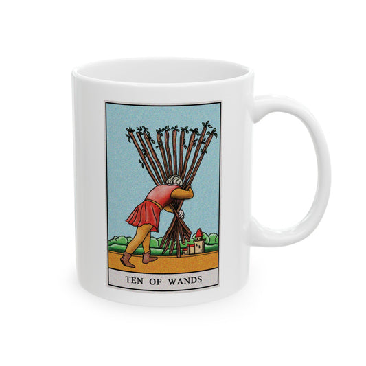 Ten of Wands of Wands Tarot Card Coffee Mug - Double Sided Print, White Ceramic, 11oz by TheGlassyLass.com