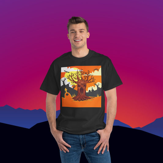Halloween Haunted Tree T-Shirt: (Hanes Beefy-T 100% Preshrunk Cotton Custom Printed by TheGlassyLass.com
