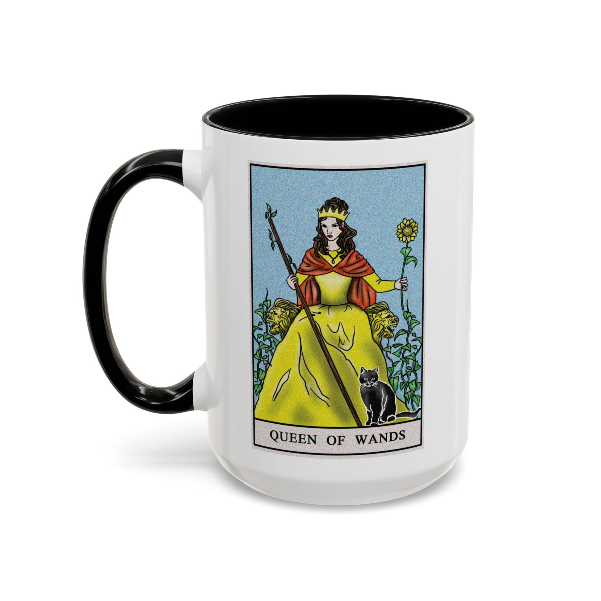 Queen of Wands Tarot Card Coffee Mug - Double Sided Black Accent White Ceramic 15oz by TheGlassyLass.com