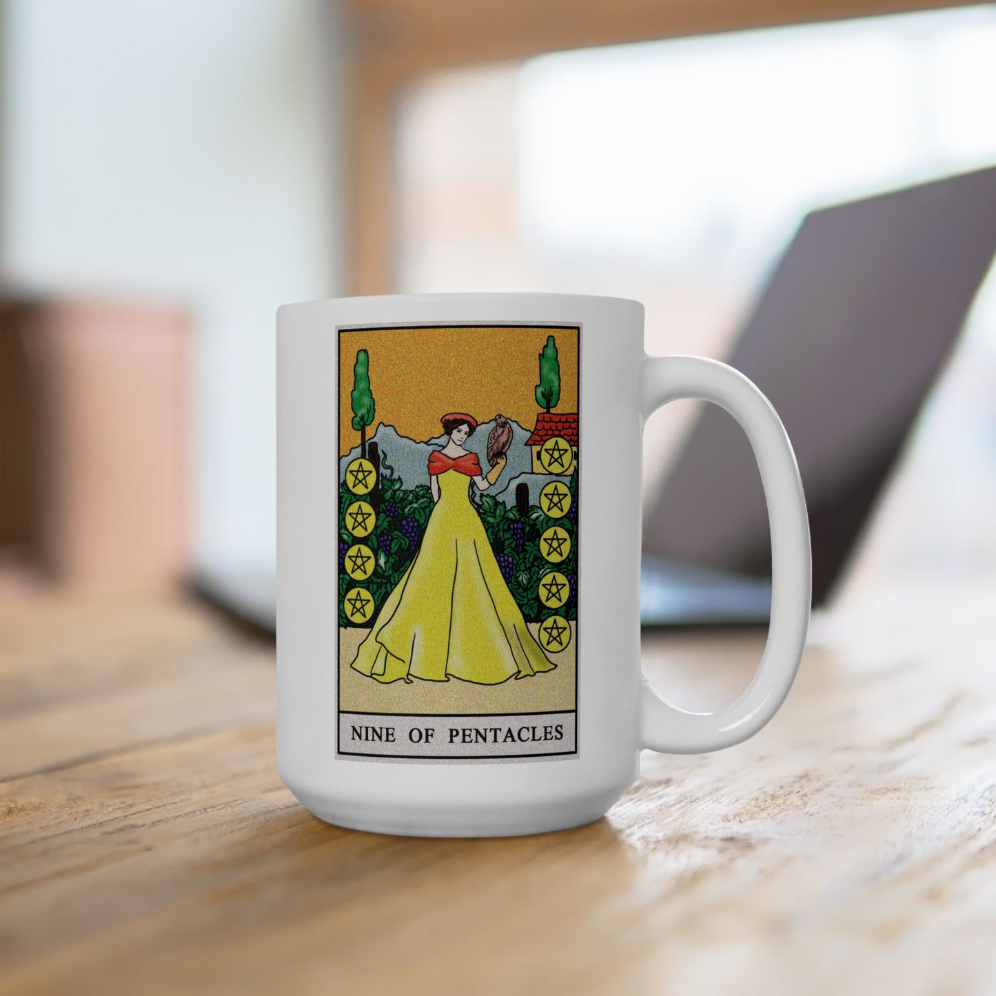 Nine of Pentacles Tarot Card Coffee Mug - Double Sided White Ceramic 15oz by TheGlassyLass.com