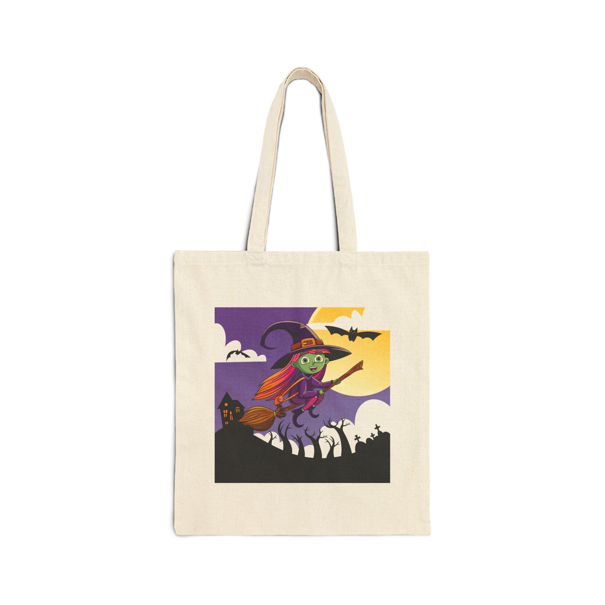 Flying Witch Haunted Halloween Trick or Treat Tote Bag - Heavyweight 100% Cotton Canvas by TheGlassyLass.com