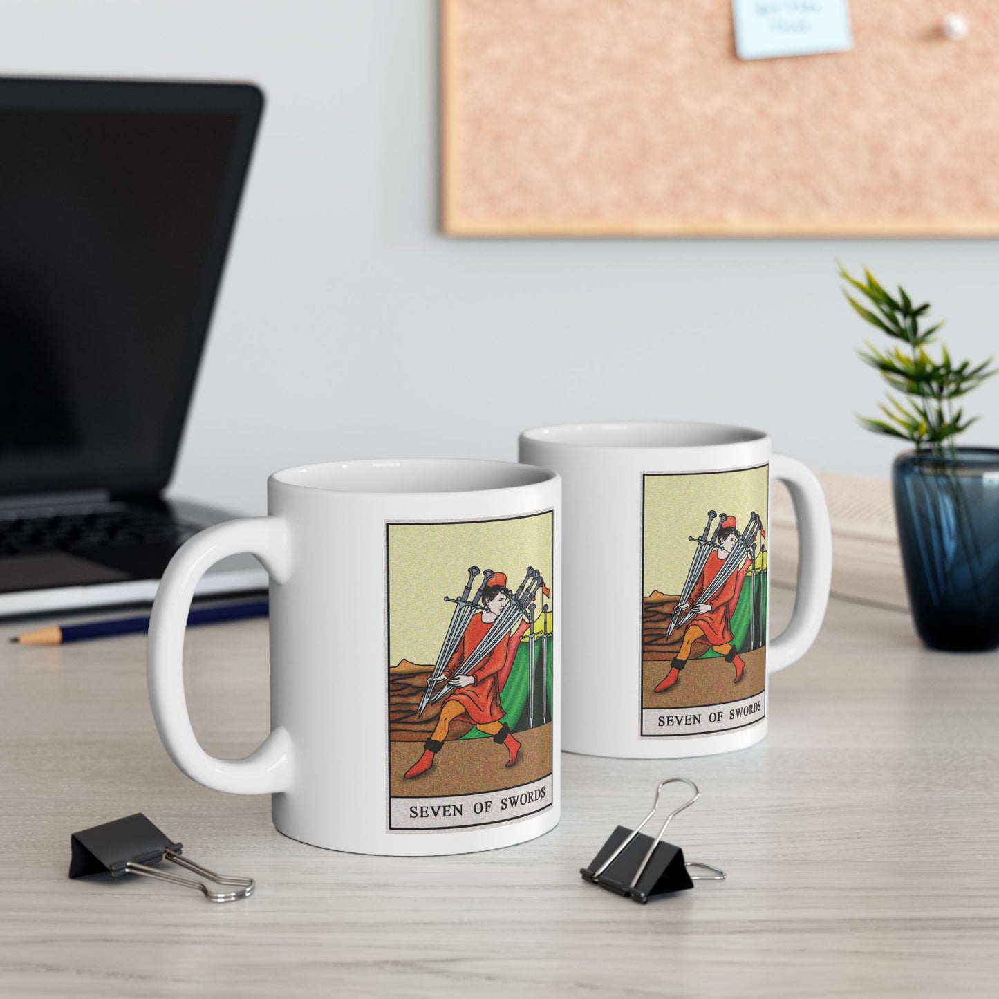 Seven of Swords Tarot Card Coffee Mug - Double Sided Print, White Ceramic, 11oz by TheGlassyLass.com