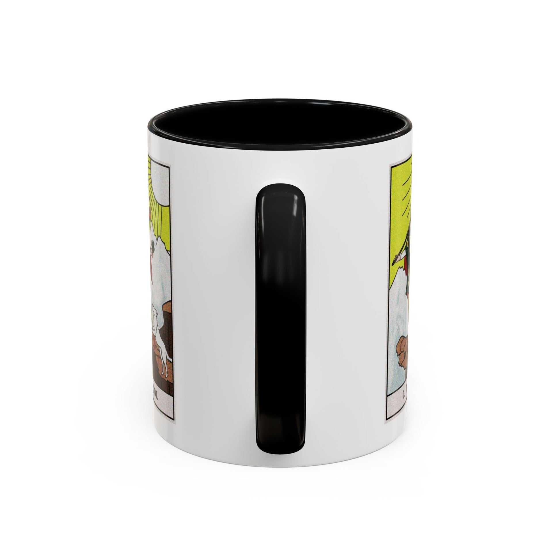 The Fool Tarot Card Coffee Mug - Double Sided Print, Black Accent White Ceramic, 11oz by TheGlassyLass.com