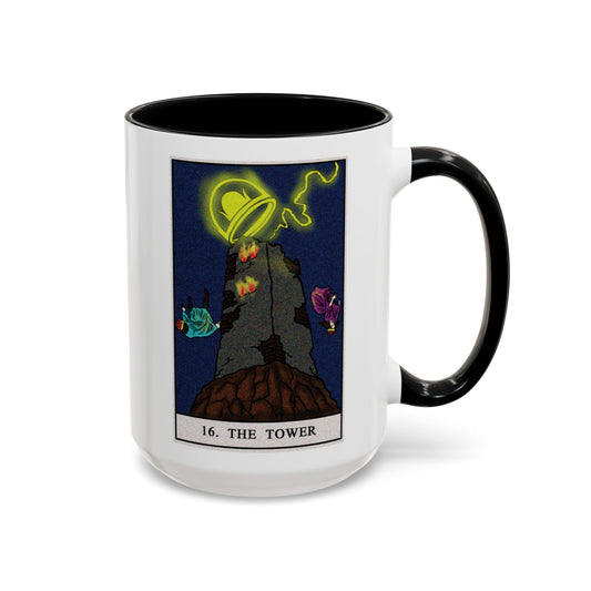 The Tower Tarot Card Coffee Mug - Double Sided Black Accent White Ceramic 15oz by TheGlassyLass.com