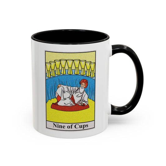Nine of Cups Tarot Card Coffee Mug - Double Sided Print, Black Accent White Ceramic, 11oz by TheGlassyLass.com