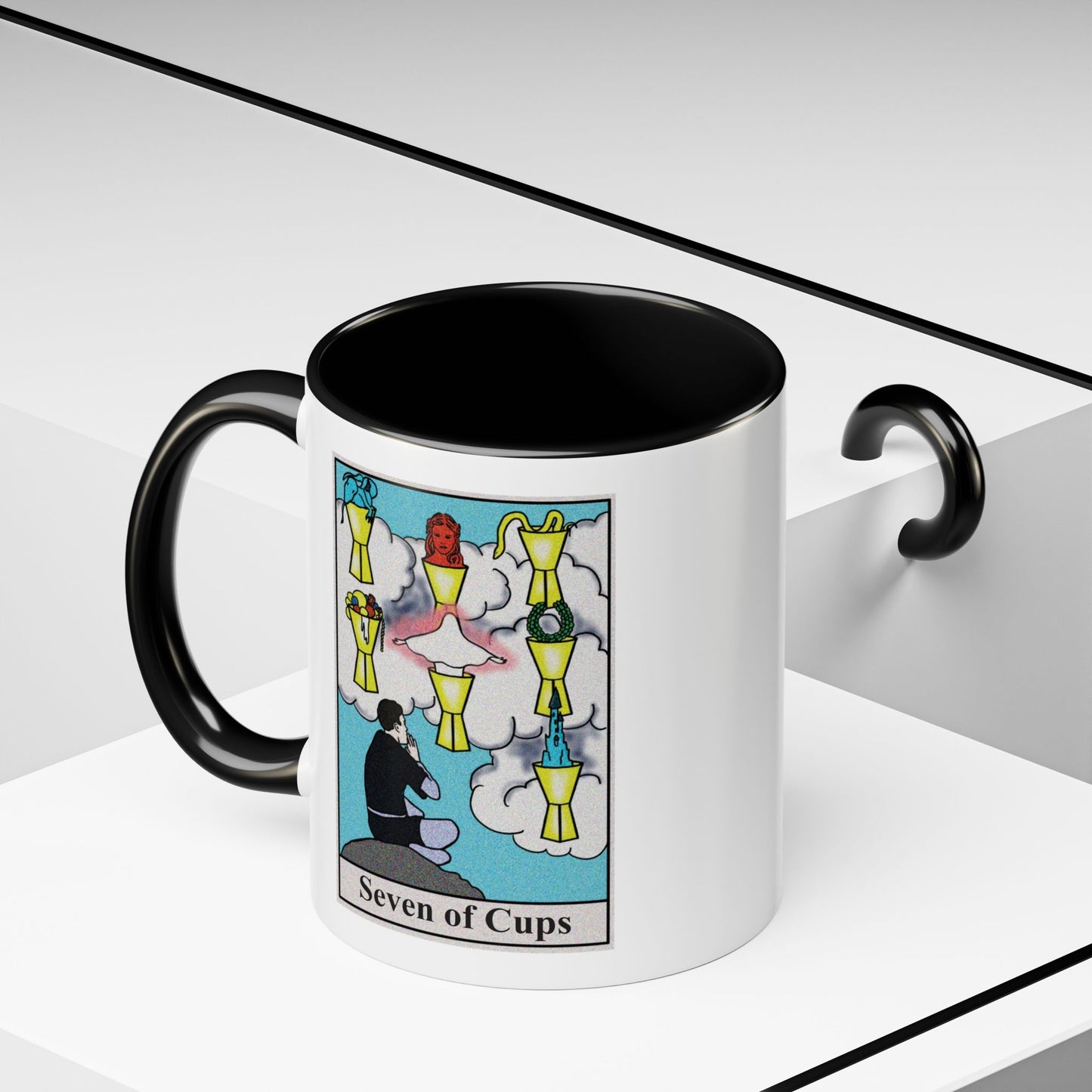 Seven of Cups Tarot Card Coffee Mug - Double Sided Print, Black Accent White Ceramic, 11oz by TheGlassyLass.com