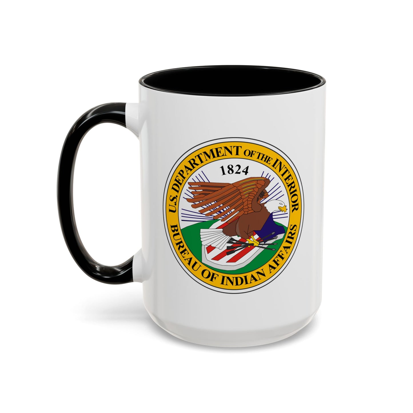 Bureau of Indian Affairs Coffee Mug - Double Sided Print, Black Accent White Ceramic, 15oz by TheGlassyLass.com
