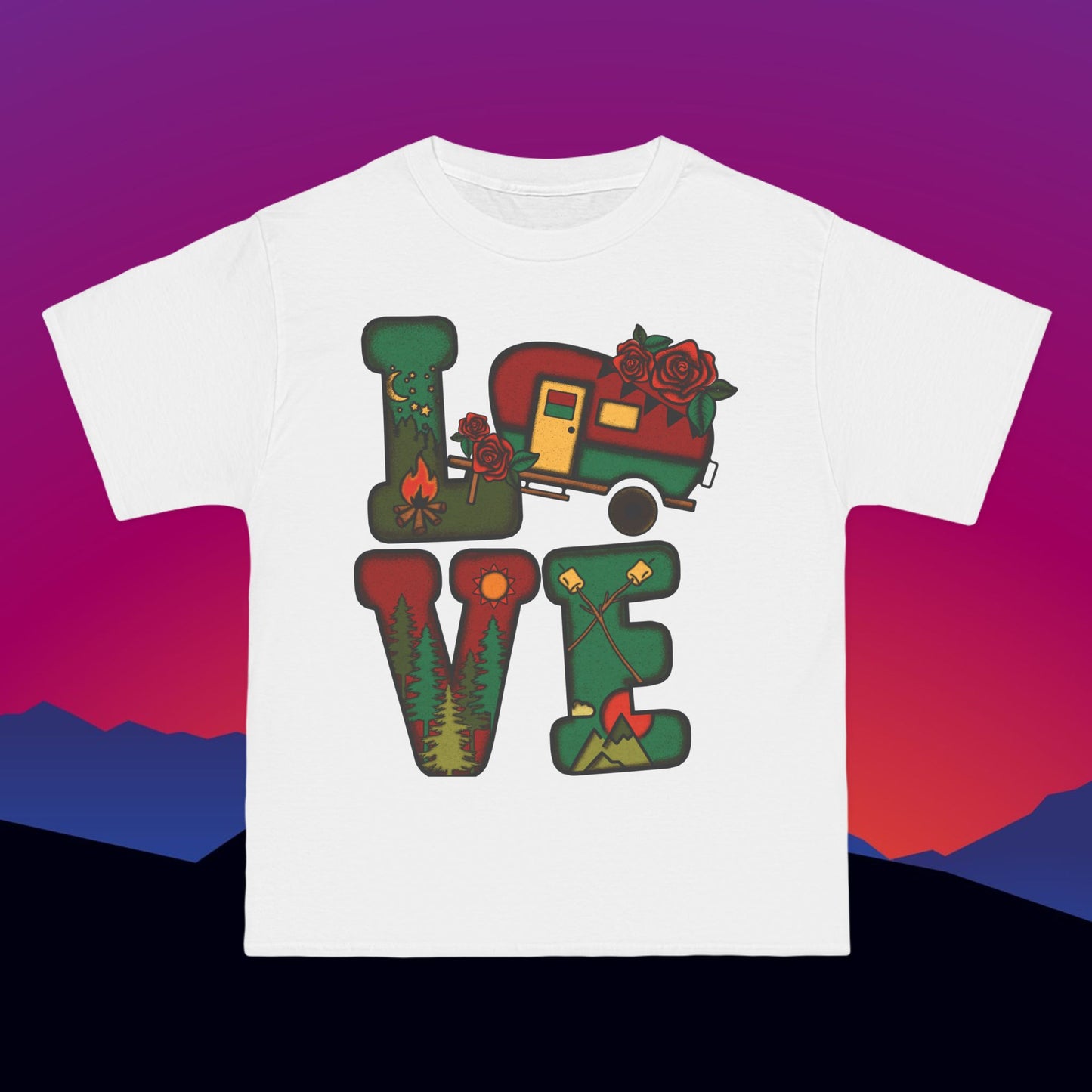 Camping LOVE T-Shirt: (Hanes Beefy-T 100% Preshrunk Cotton) Custom Printed by TheGlassyLass.com