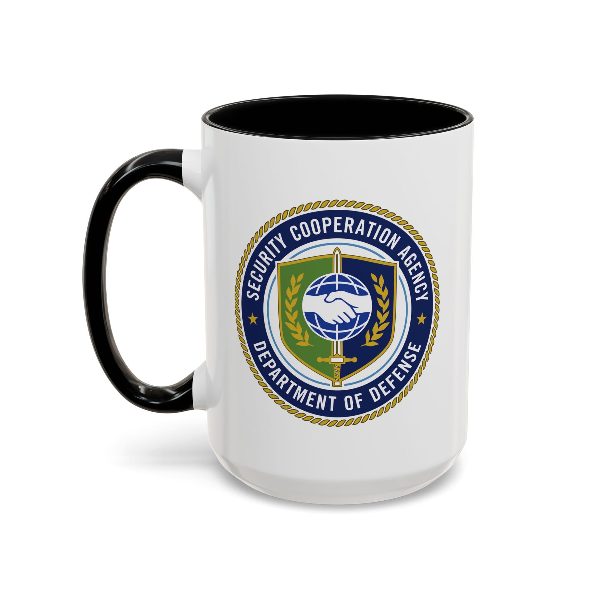 Defense Security Cooperation Agency Coffee Mug - Double Sided Print, Black Accent White Ceramic, 15oz by TheGlassyLass.com