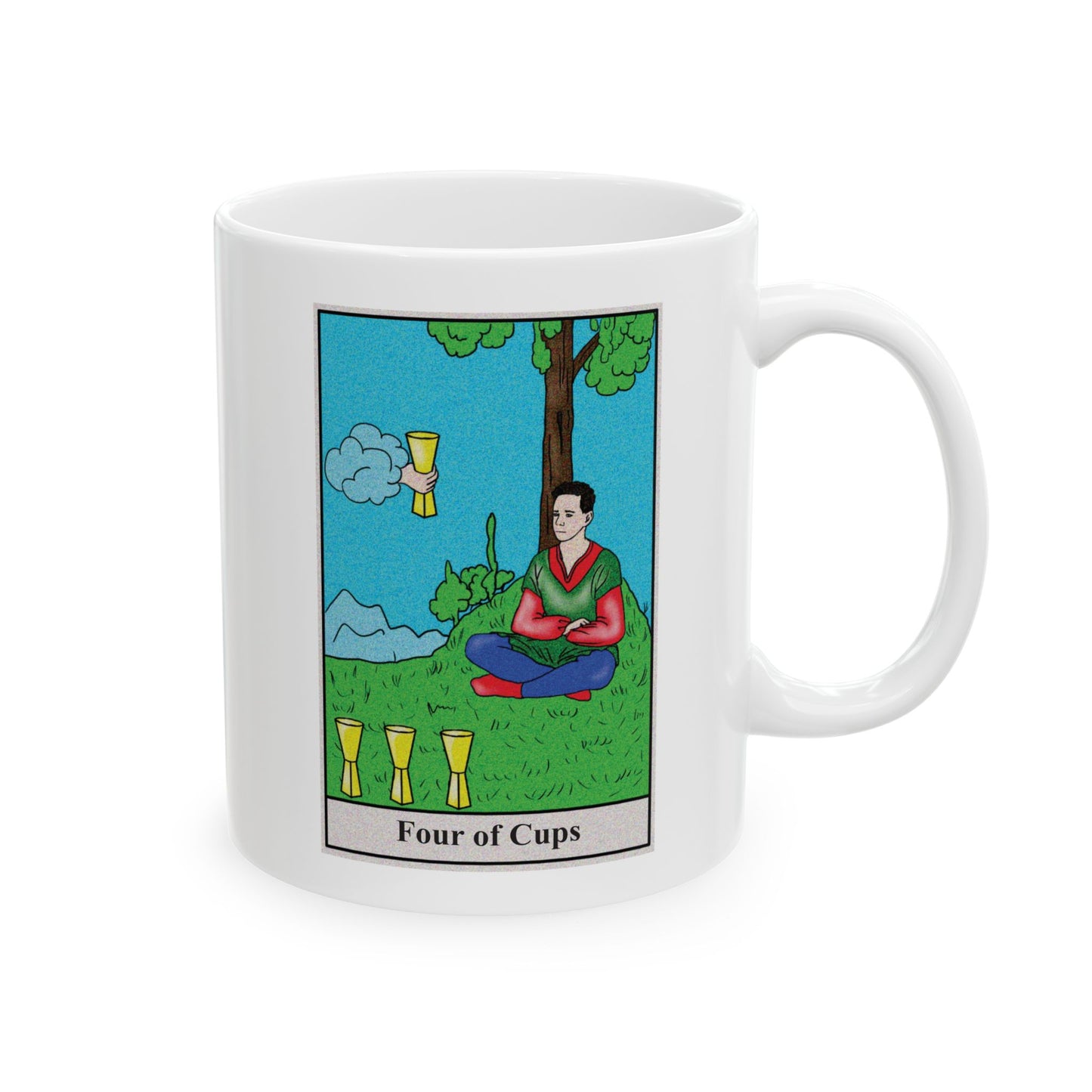 Four of Cups Tarot Card Coffee Mug - Double Sided Print, White Ceramic, 11oz by TheGlassyLass.com