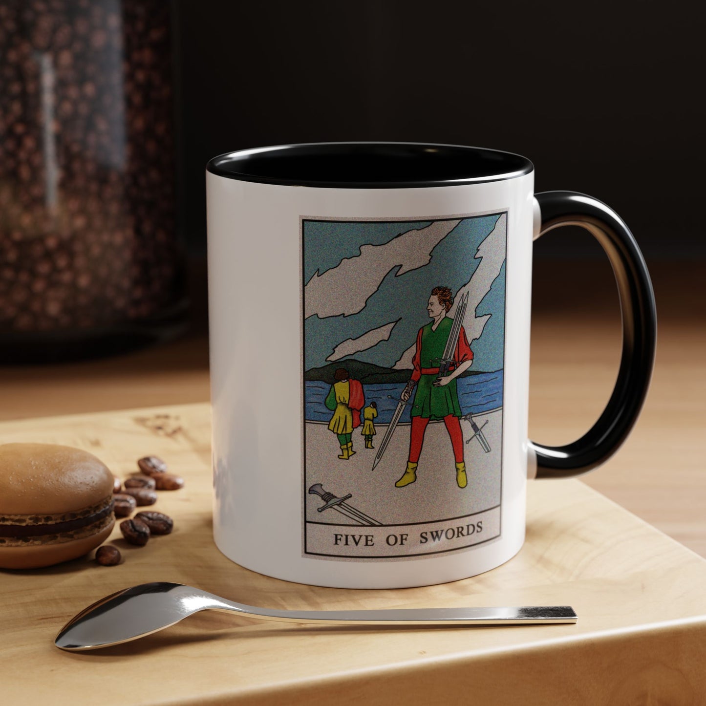 Five of Swords Tarot Card Coffee Mug - Double Sided Print, Black Accent White Ceramic, 11oz by TheGlassyLass.com