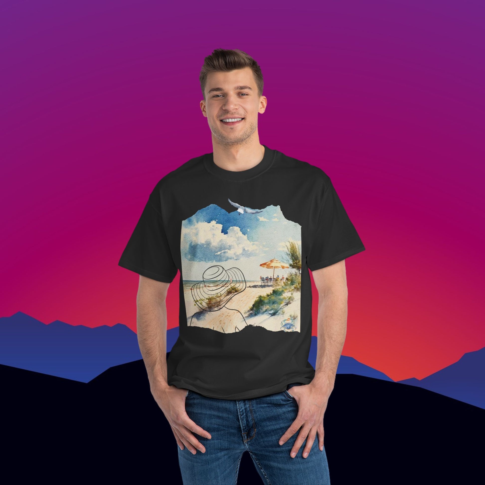 A Day at the Beach T-Shirt: (Hanes Beefy-T 100% Preshrunk Cotton Custom Printed by TheGlassyLass.com