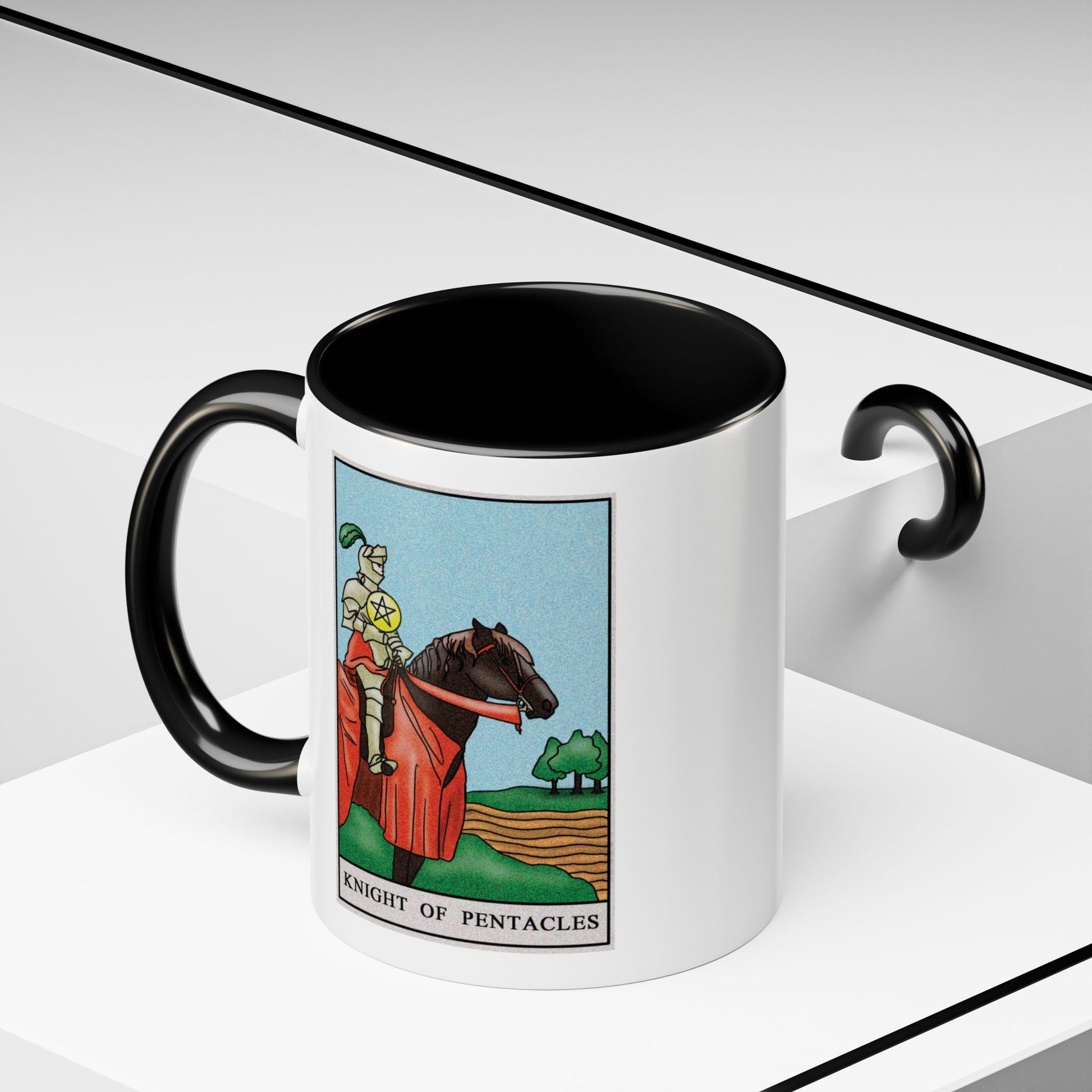 Knight of Pentacles Tarot Card Coffee Mug - Double Sided Print, Black Accent White Ceramic, 11oz by TheGlassyLass.com