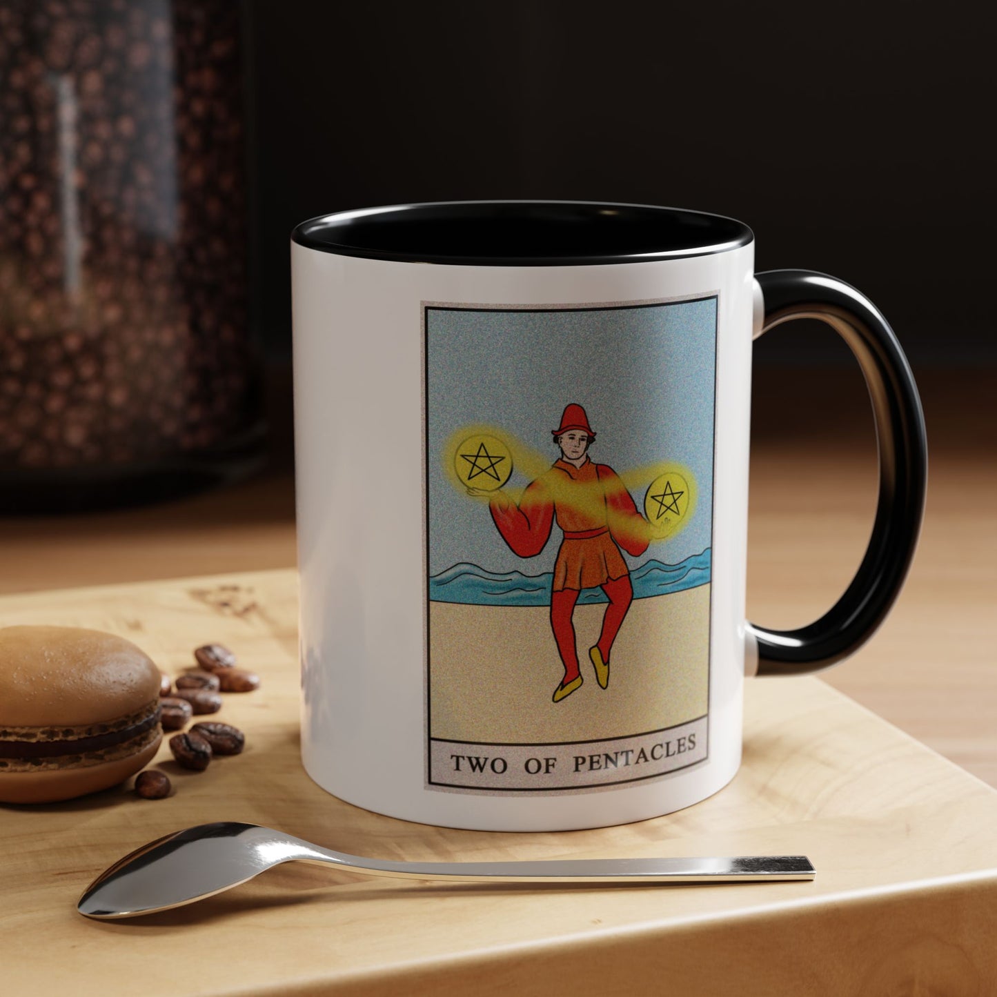 Two of Pentacles Tarot Card Coffee Mug - Double Sided Print, Black Accent White Ceramic, 11oz by TheGlassyLass.com