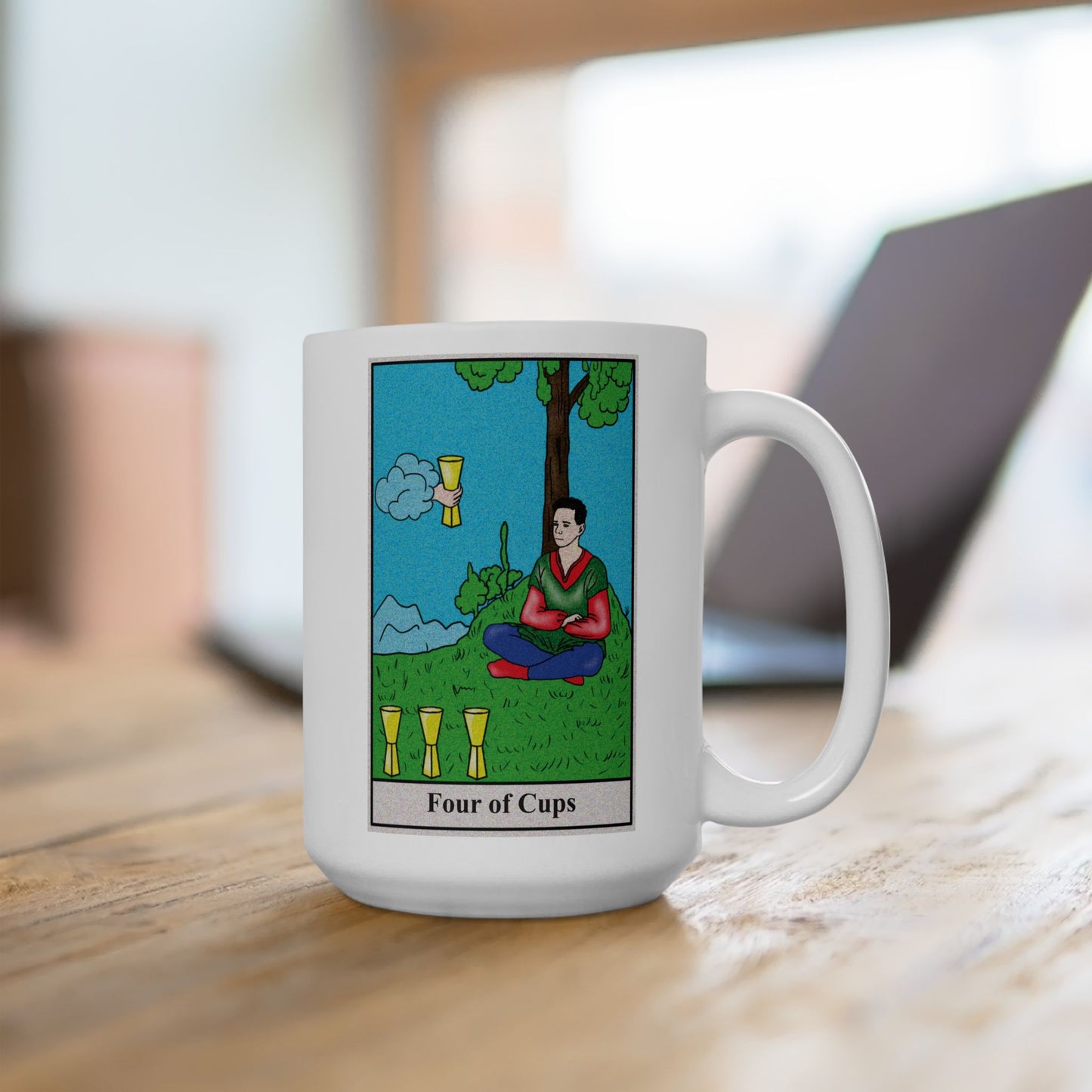 Four of Cups Tarot Card Coffee Mug - Double Sided White Ceramic 15oz by TheGlassyLass.com