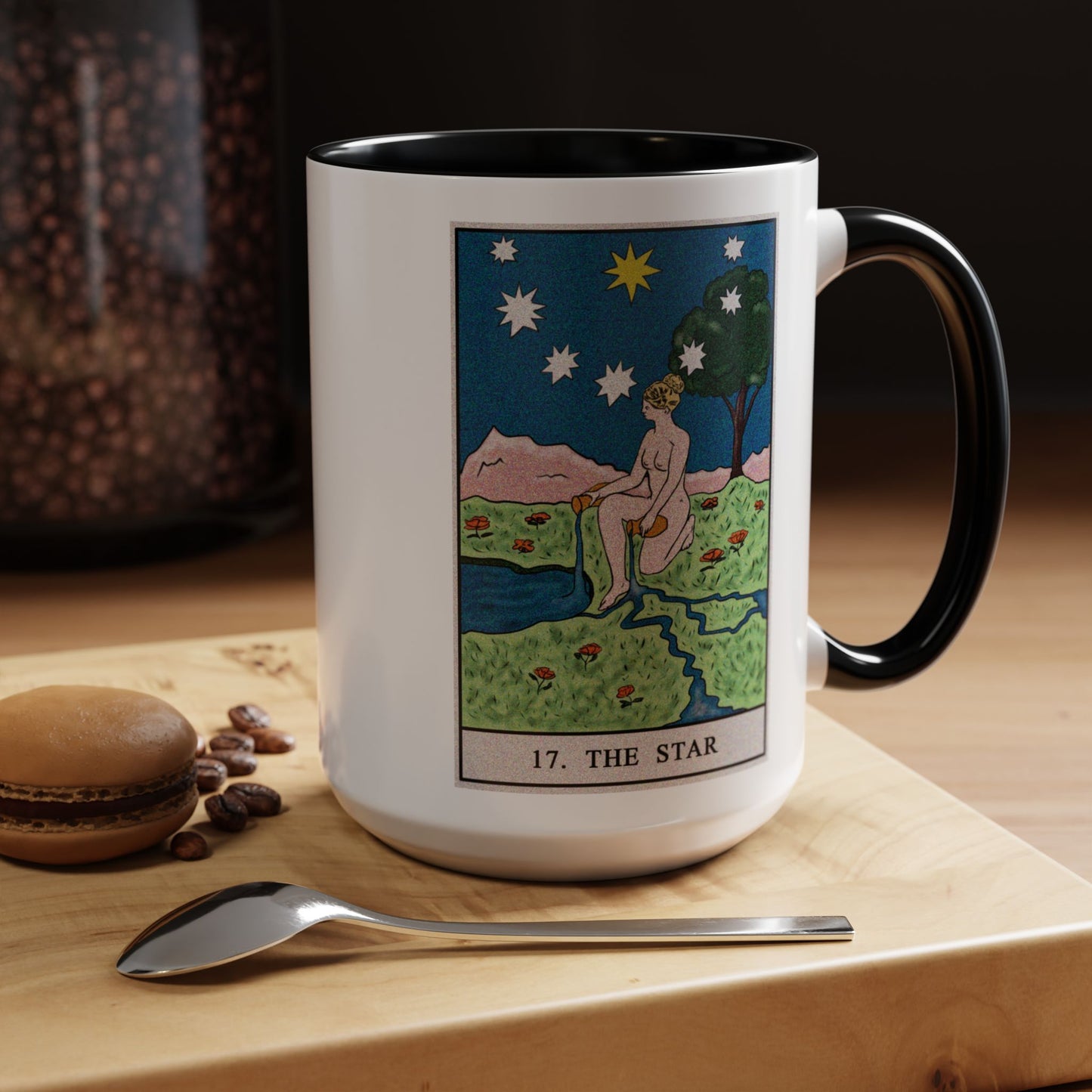 The Star Tarot Card Coffee Mug - Double Sided Black Accent White Ceramic 15oz by TheGlassyLass.com