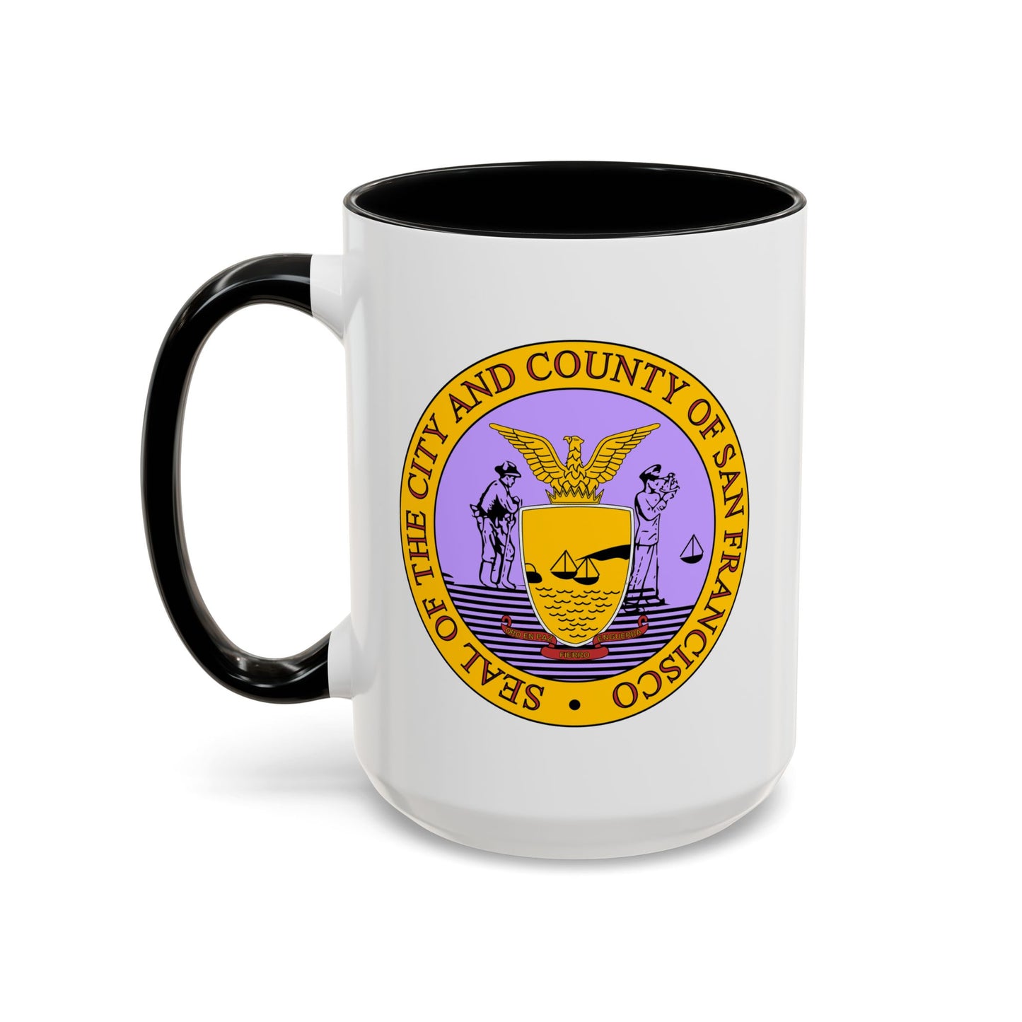 San Francisco City / County Seal Coffee Mug - Double Sided Print, Black Accent White Ceramic, 15oz by TheGlassyLass.com