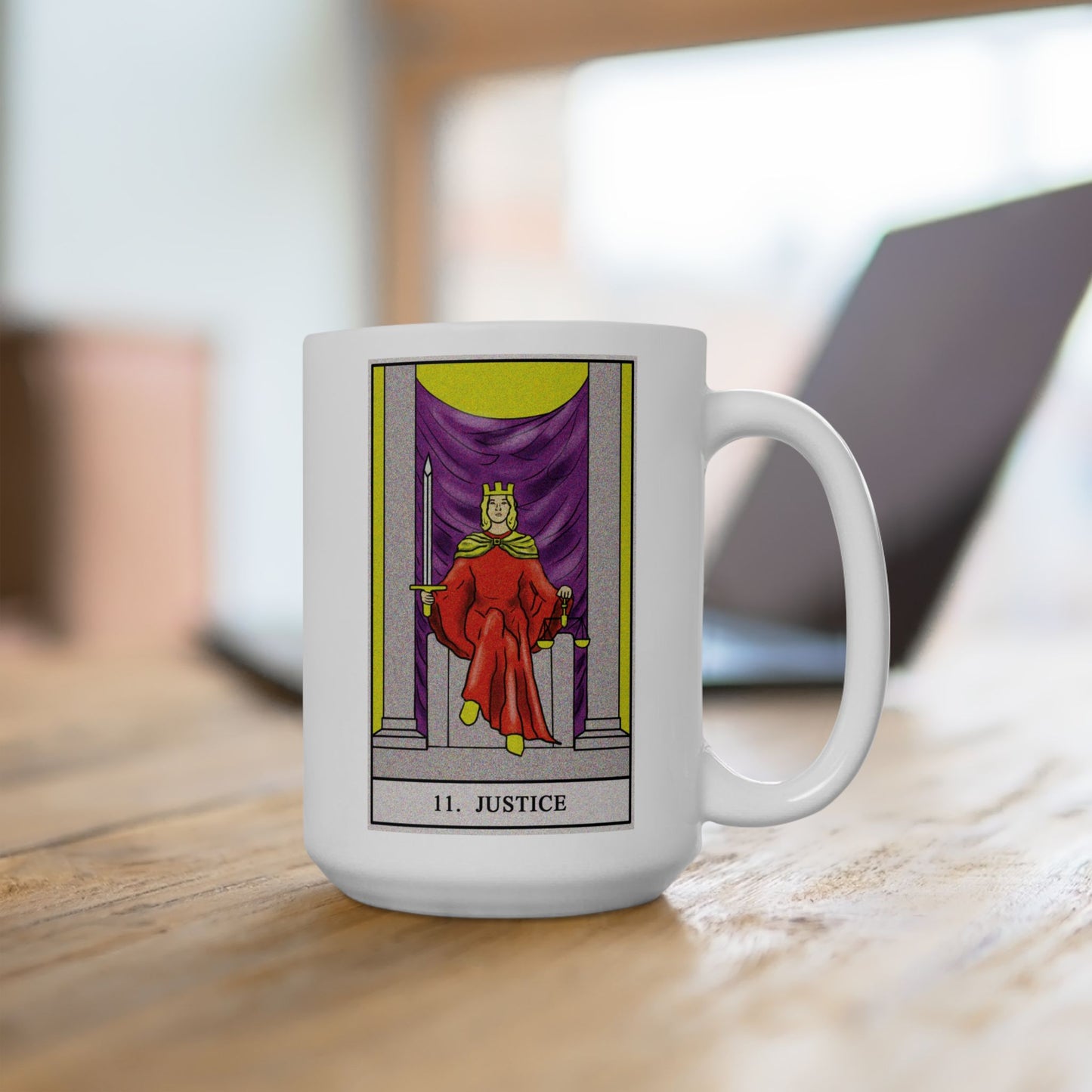 Justice Tarot Card Coffee Mug - Double Sided White Ceramic 15oz by TheGlassyLass.com