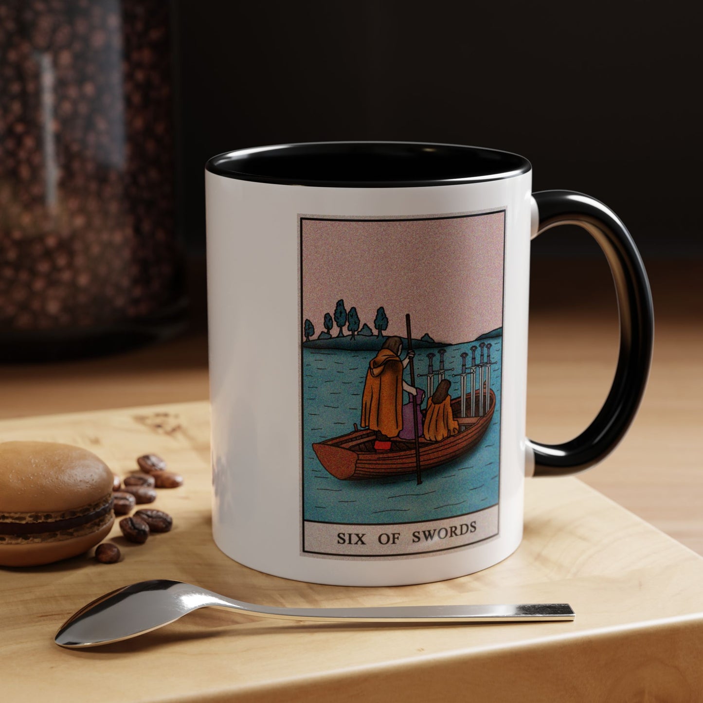 Seven of Swords Tarot Card Coffee Mug - Double Sided Print, Black Accent White Ceramic, 11oz by TheGlassyLass.com