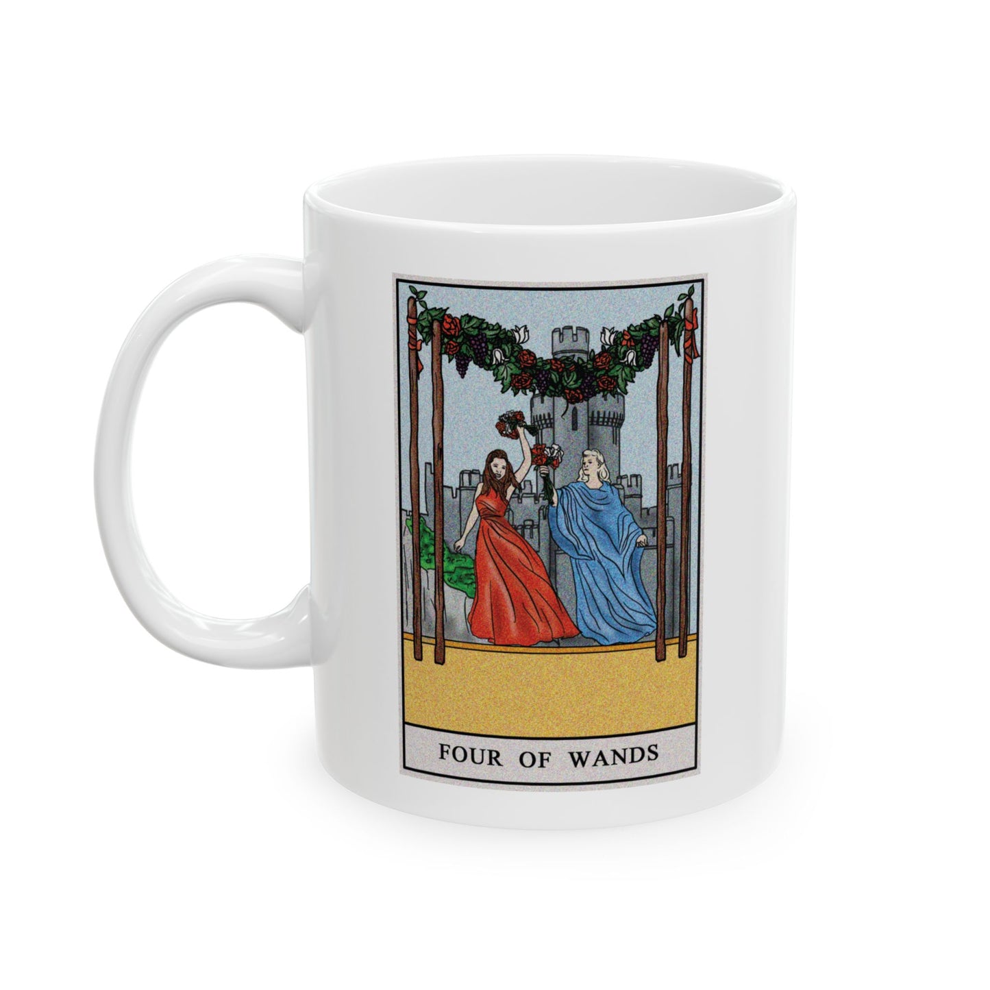 Four of Wands of Wands Tarot Card Coffee Mug - Double Sided Print, White Ceramic, 11oz by TheGlassyLass.com