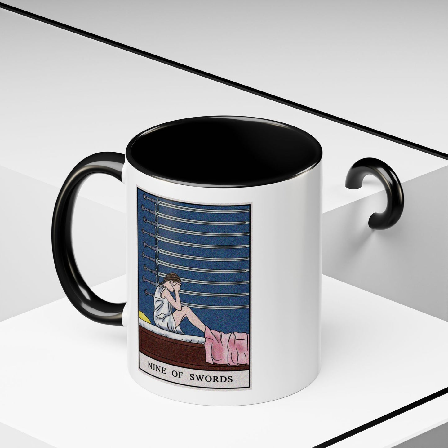 Nine of Swords Tarot Card Coffee Mug - Double Sided Print, Black Accent White Ceramic, 11oz by TheGlassyLass.com