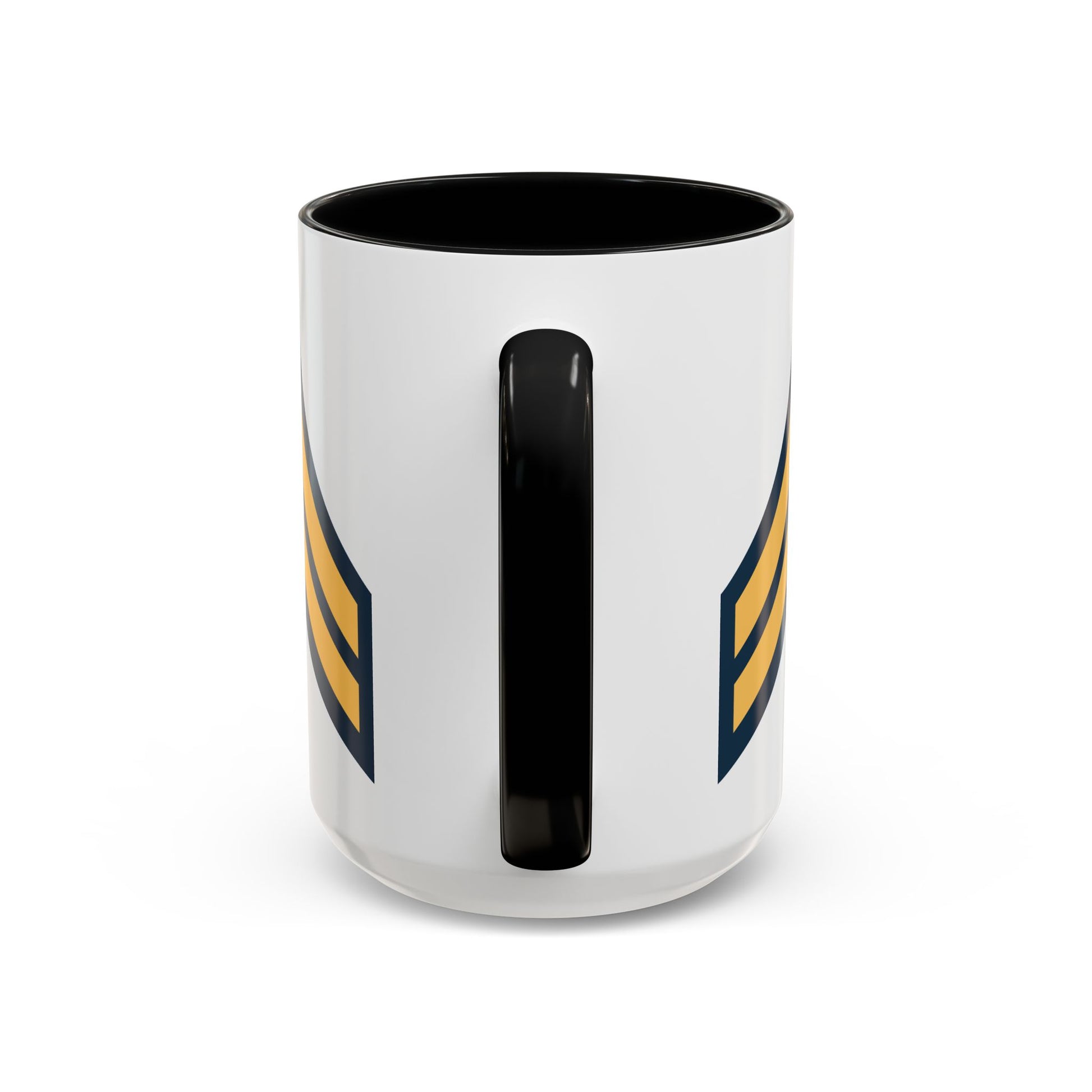 US Army Corporal (E-4) Stripes Coffee Mug - Double Sided Print, Black Accent White Ceramic, 15oz by TheGlassyLass.com