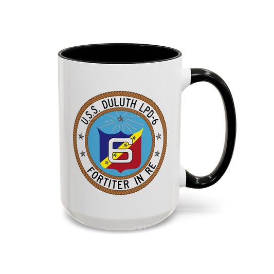 USS Duluth LPD-6 Crest Coffee Mug - Double Sided Print, Black Accent White Ceramic, 15oz by TheGlassyLass.com