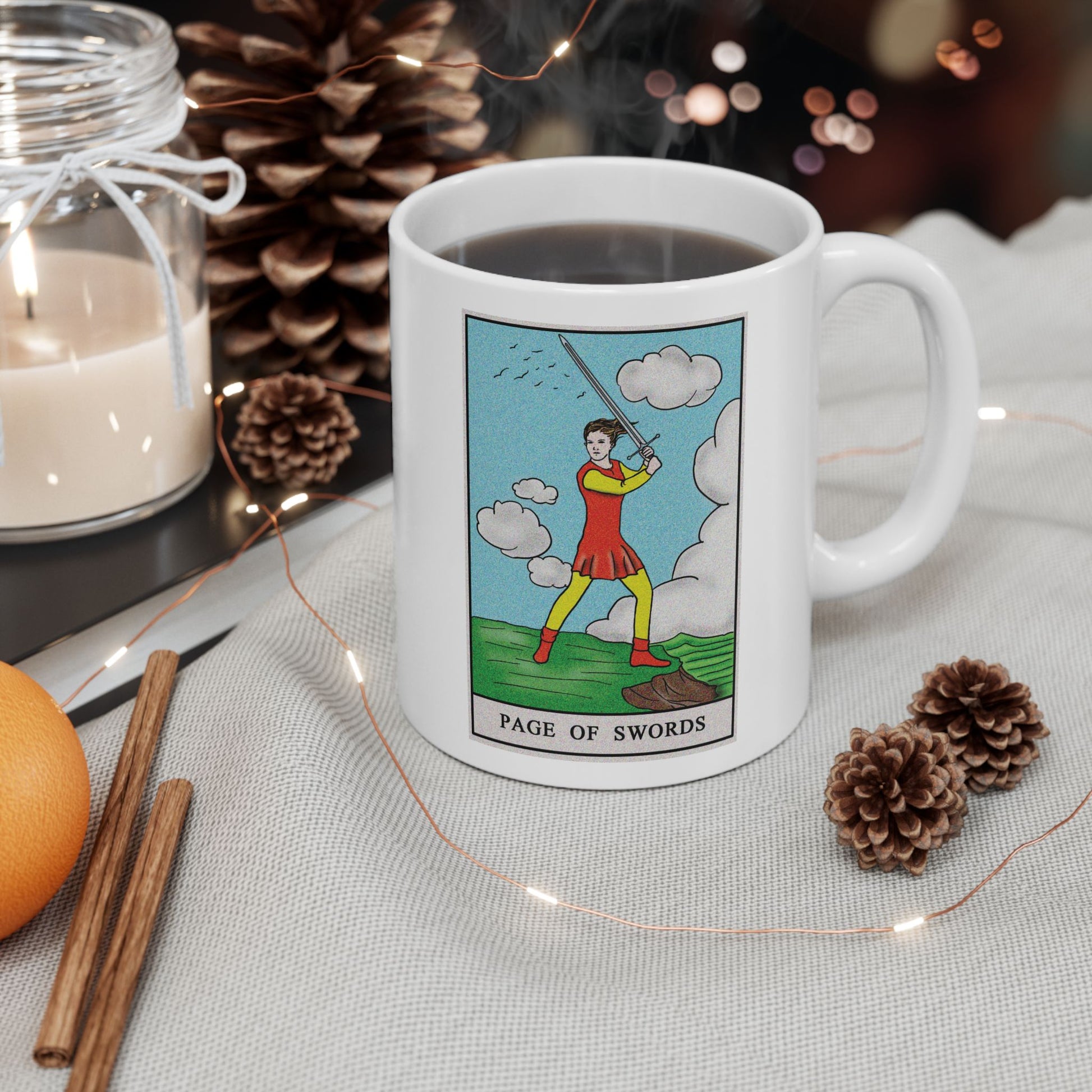 Page of Swords Tarot Card Coffee Mug - Double Sided Print, White Ceramic, 11oz by TheGlassyLass.com