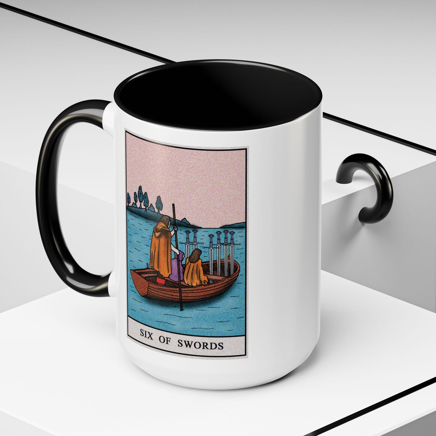 Six of Swords Tarot Card Coffee Mug - Double Sided Black Accent White Ceramic 15oz by TheGlassyLass