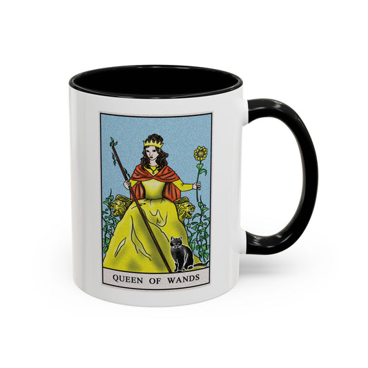 Queen of Wands Tarot Card Coffee Mug - Double Sided Print, Black Accent White Ceramic, 11oz by TheGlassyLass.com