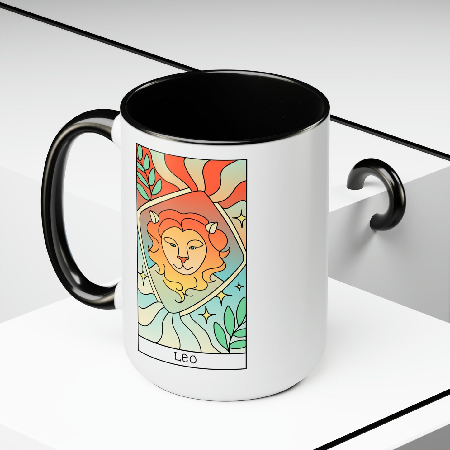 Leo Tarot Card Coffee Mug - Double Sided Black Accent Ceramic 15oz by TheGlassyLass.com