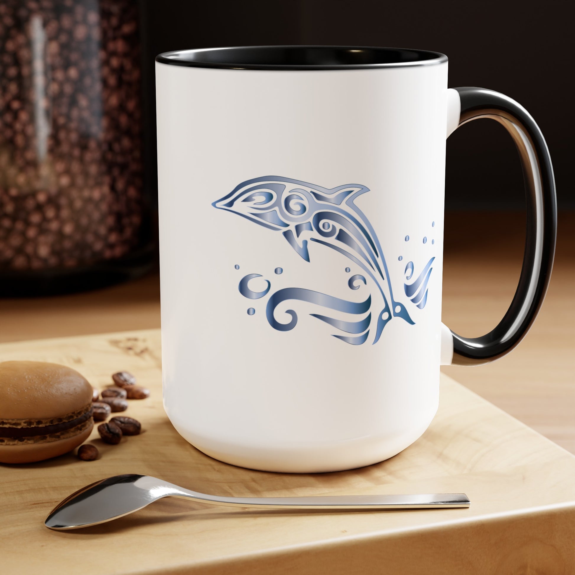 Dolphin Coffee Mug Double Sided Black Accent White Ceramic 15oz by TheGlassyLass.com