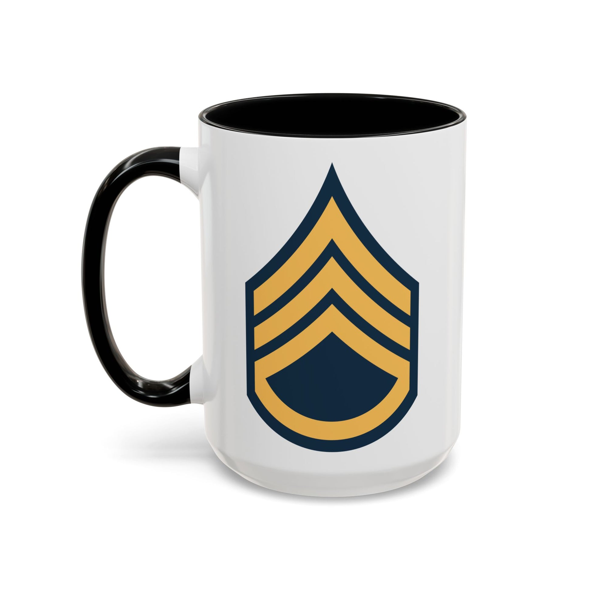 US Army Staff Sergeant (E-6) Stripes Coffee Mug - Double Sided Print, Black Accent White Ceramic, 15oz by TheGlassyLass.com