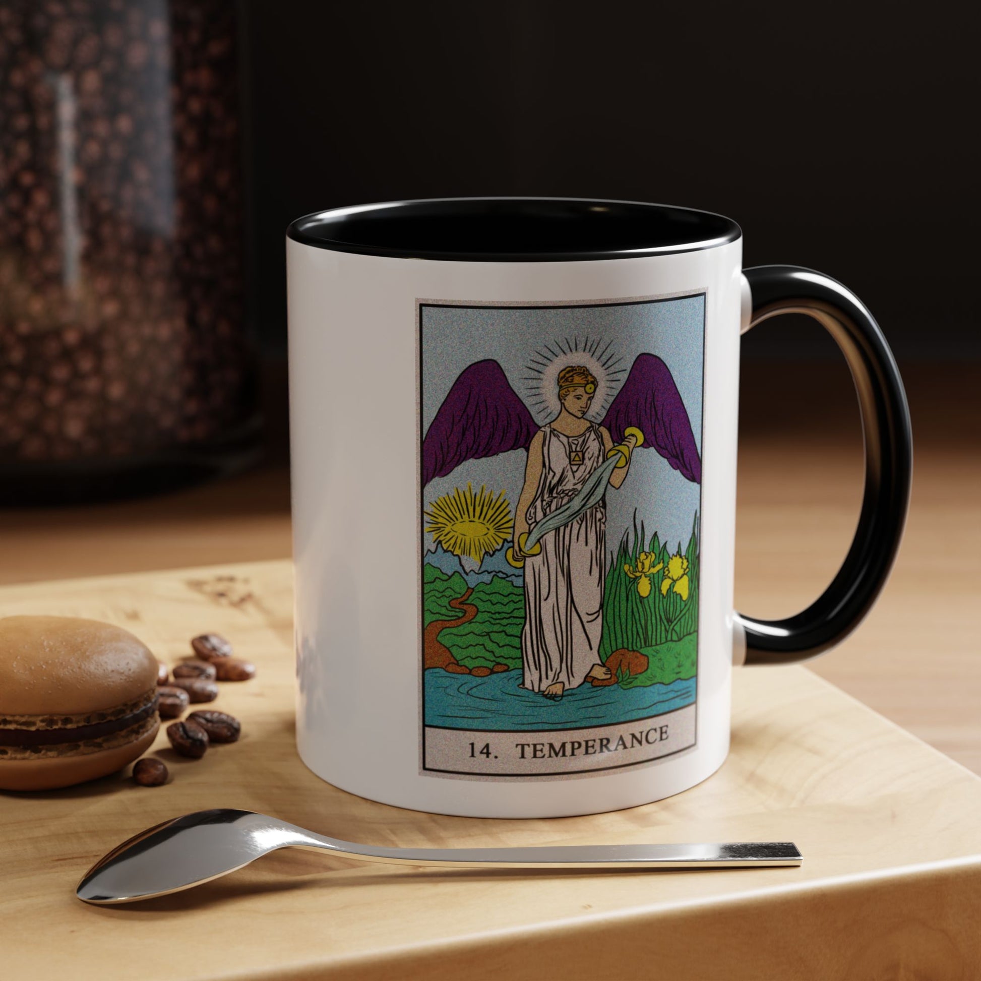 Temperance Tarot Card Coffee Mug - Double Sided Print, Black Accent White Ceramic, 11oz by TheGlassyLass.com
