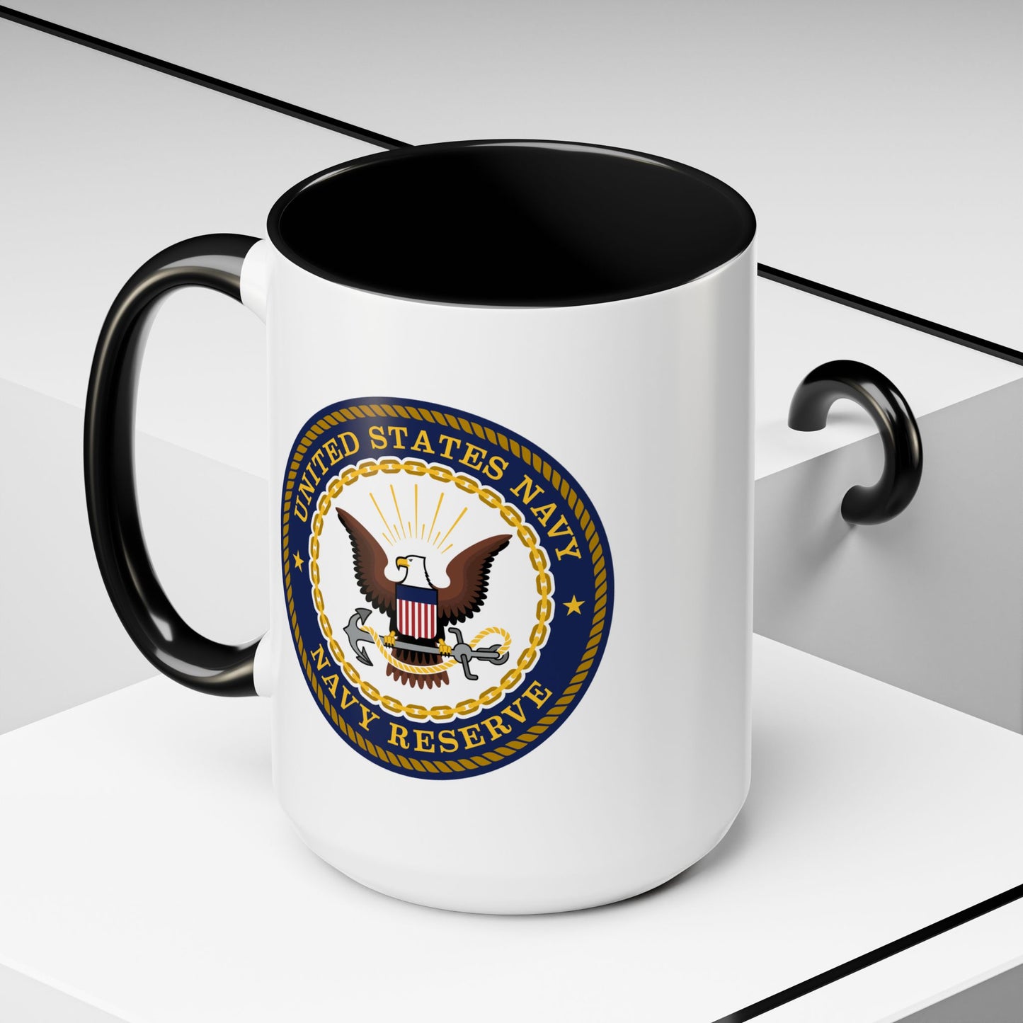 United States Navy Reserve Seal - Double Sided Black Accent White Ceramic Coffee Mug 15oz by TheGlassyLass.com
