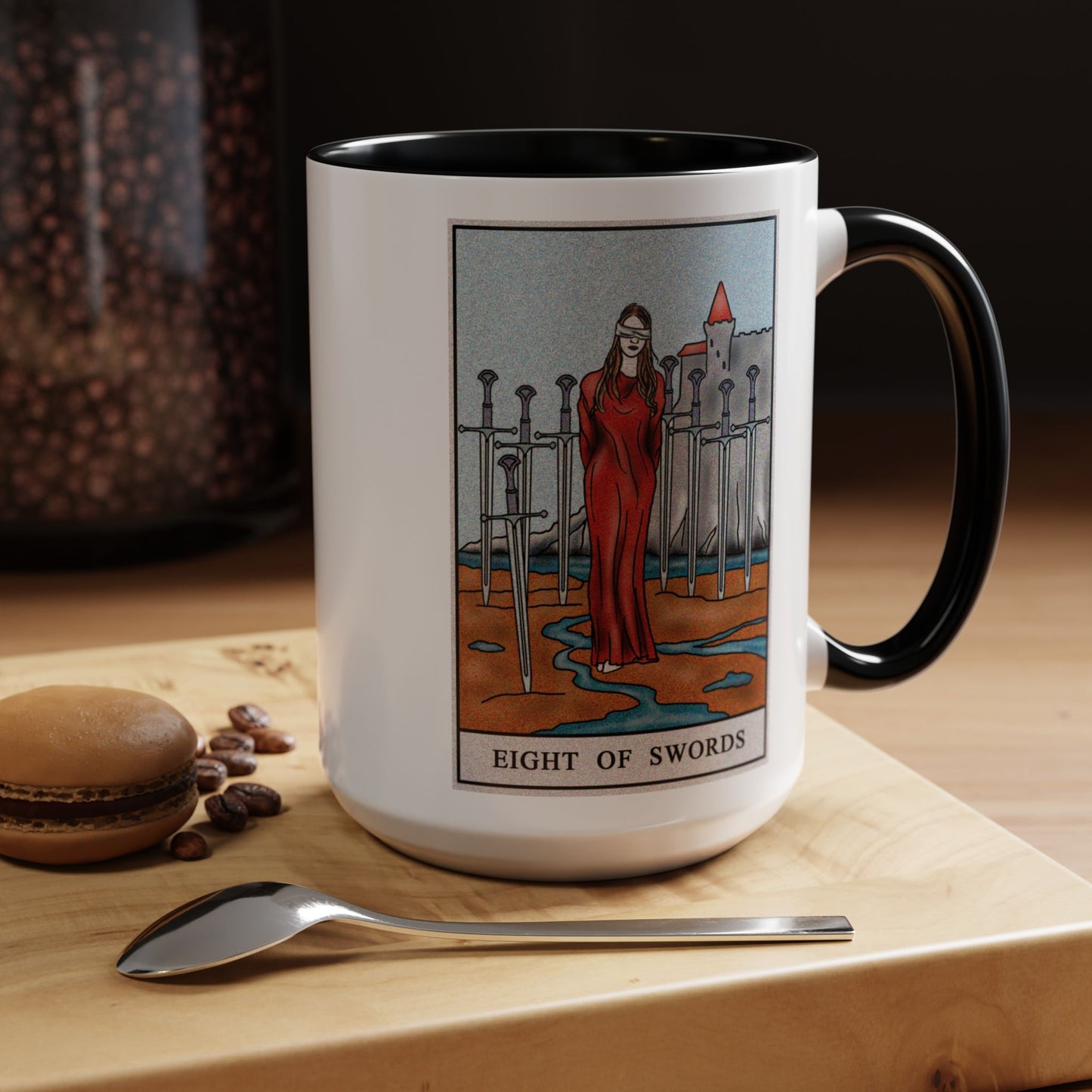 Eight of Swords Tarot Card Coffee Mug - Double Sided Black Accent White Ceramic 15oz by TheGlassyLass.com