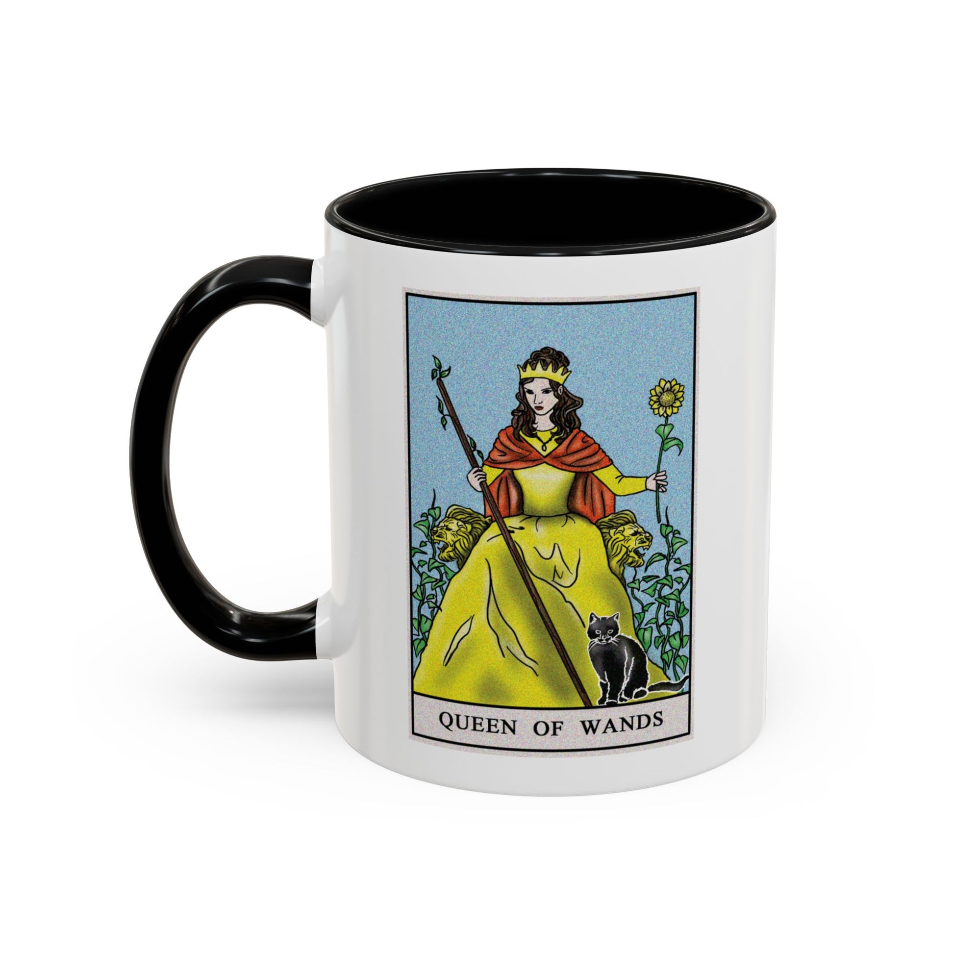 Queen of Wands Tarot Card Coffee Mug - Double Sided Print, Black Accent White Ceramic, 11oz by TheGlassyLass.com