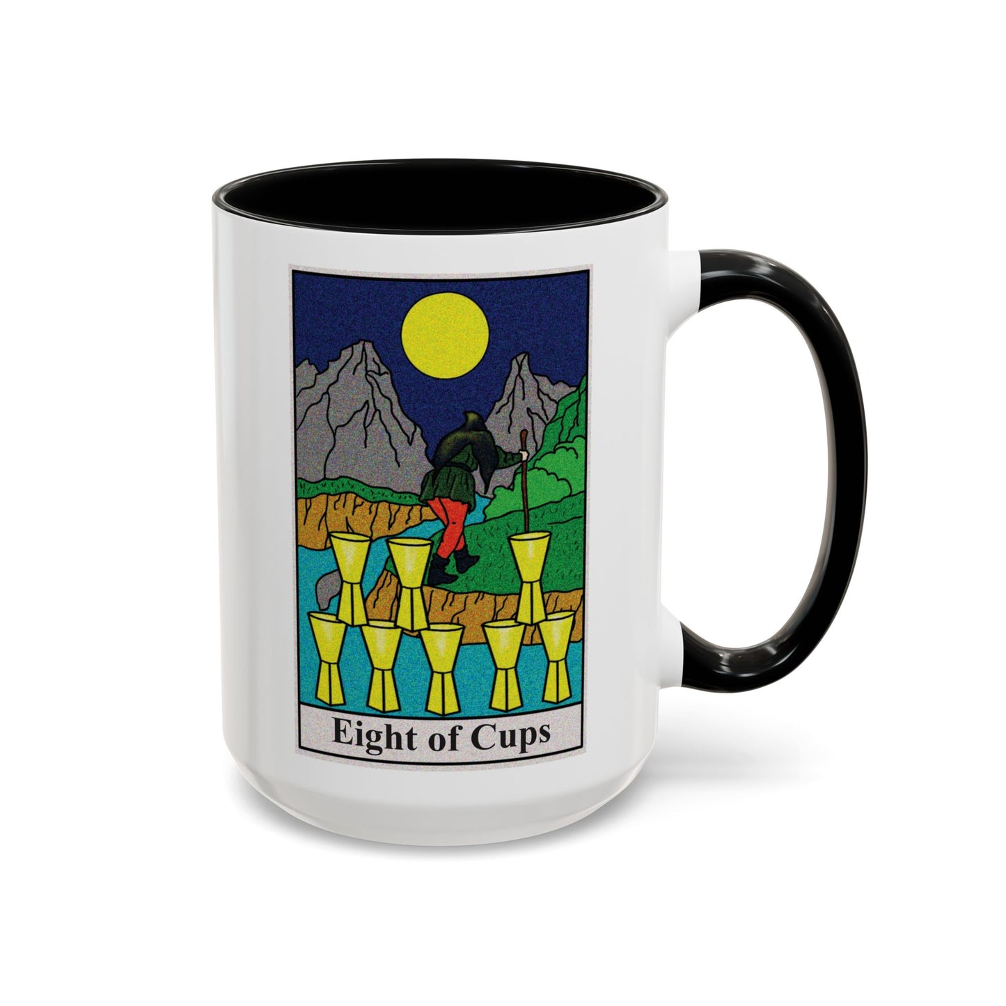 Eight of Cups Tarot Card Coffee Mug - Double Sided Black Accent White Ceramic 15oz by TheGlassyLass.com