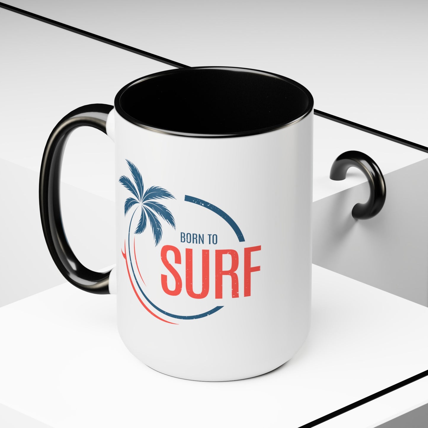 Born to Surf Coffee Mug - Double Sided Black Accent White Ceramic 15oz by TheGlassyLass.com