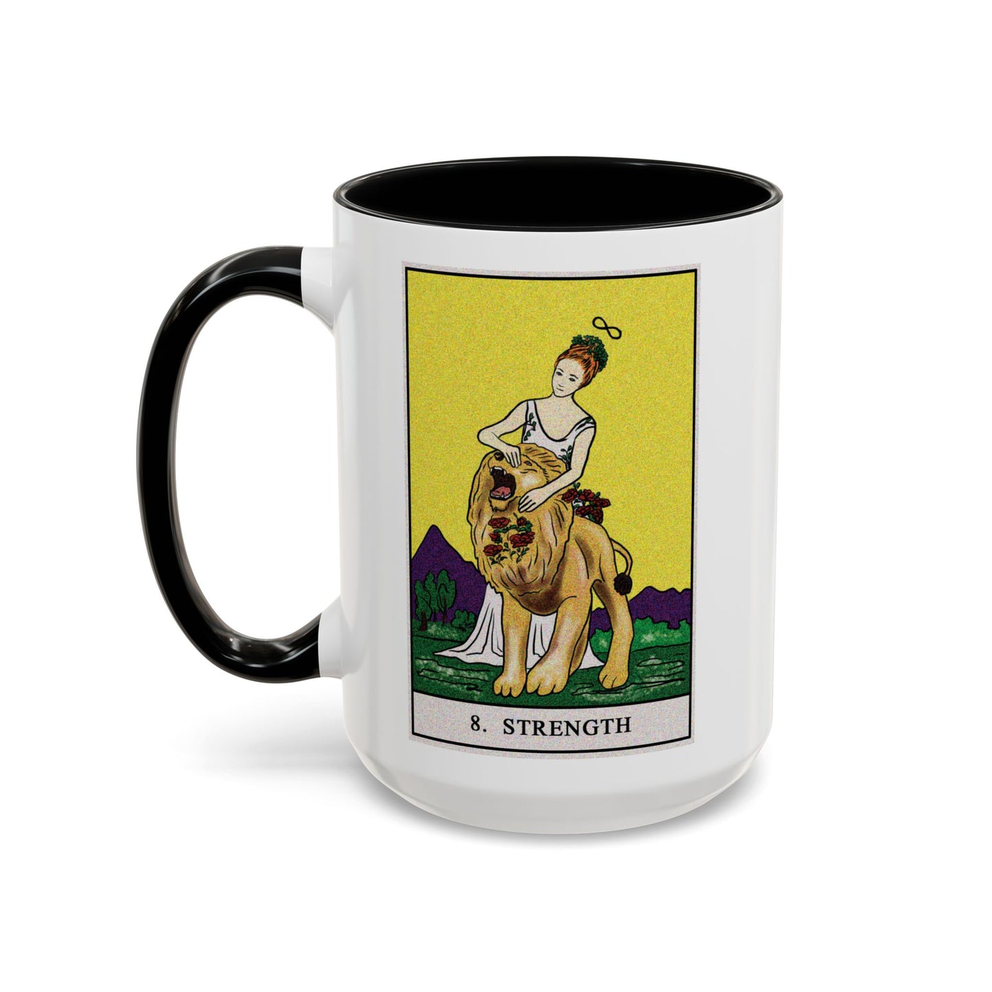 Strength Tarot Card Coffee Mug - Double Sided Black Accent White Ceramic 15oz by TheGlassyLass.com