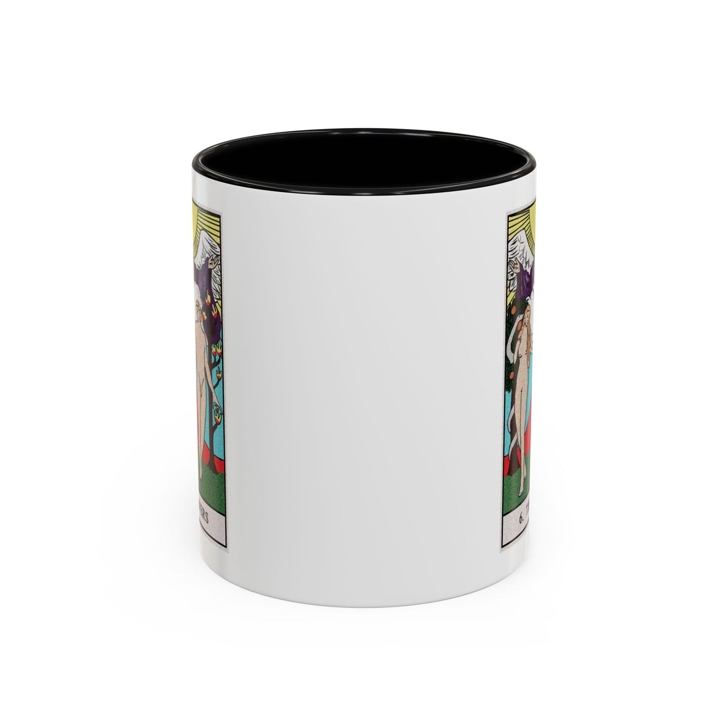 The Lovers Tarot Card Coffee Mug - Double Sided Print, Black Accent White Ceramic, 11oz by TheGlassyLass.com