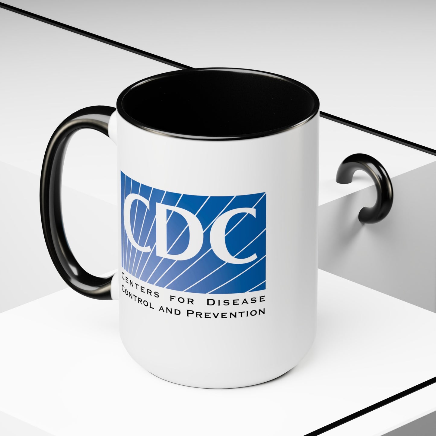 CDC Coffee Mugs - Double Sided Black Accent White Ceramic 15oz by TheGlassyLass.com
