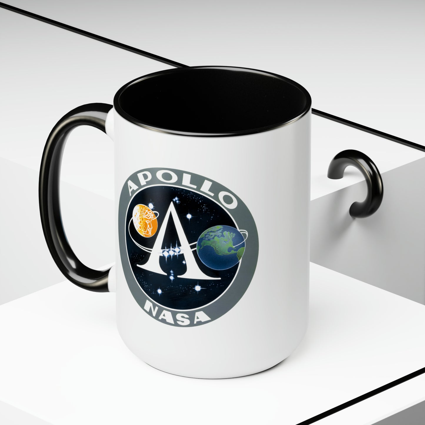 NASA Apollo Program Coffee Mugs - Double Sided Black Accent White Ceramic 15oz by TheGlassyLass